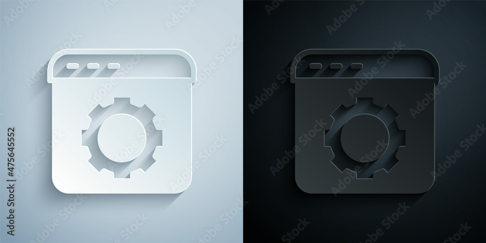 Paper cut Browser setting icon isolated on grey and black background. Adjusting, service, maintenance, repair, fixing. Paper art style. Vector Paper cut Browser setting icon isolated on grey and black background. Adjusting, service, maintenance, repair, fixing. Paper art style. Vector