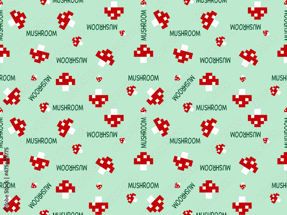 Mushroom cartoon character seamless pattern on green background. Pixel style Mushroom cartoon character seamless pattern on green background. Pixel style