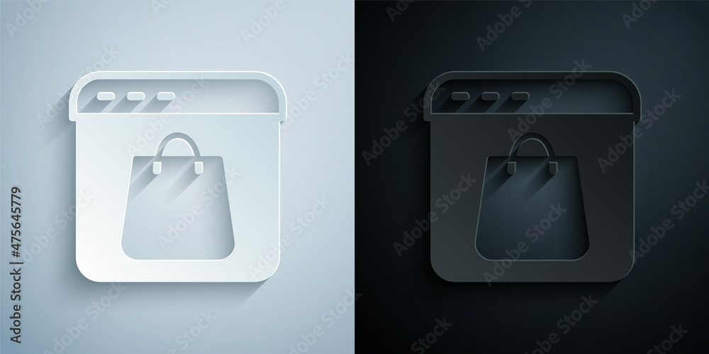 Paper cut Online shopping on screen icon isolated on grey and black background. Concept e-commerce, e-business, online business marketing. Paper art style. Vector Paper cut Online shopping on screen icon isolated on grey and black background. Concept e-commerce, e-business, online business marketing. Paper art style. Vector
