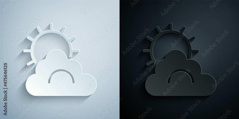 Paper cut Sun and cloud weather icon isolated on grey and black background. Paper art style. Vector Paper cut Sun and cloud weather icon isolated on grey and black background. Paper art style. Vector