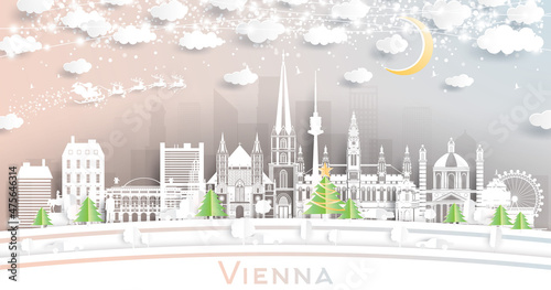 Vienna Austria City Skyline in Paper Cut Style with Snowflakes, Moon and Neon Garland.