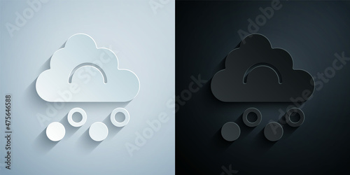Paper cut Hail cloud icon isolated on grey and black background. Paper art style. Vector