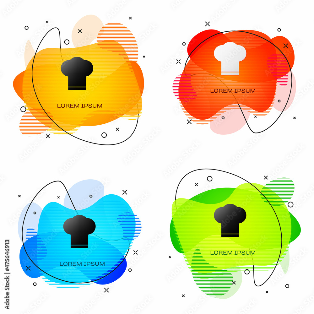 Black Chef hat icon isolated on white background. Cooking symbol. Cooks hat. Abstract banner with liquid shapes. Vector Illustration