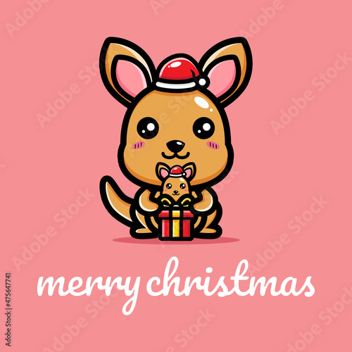 cute kangaroo character celebrating christmas holding gift box