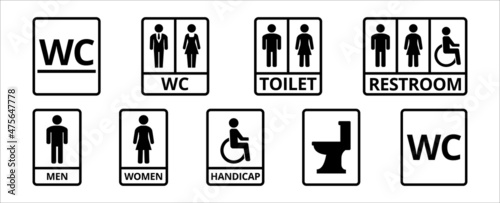 Toilet vector icon set. WC and toilet feature facility sign sets. Men and women and handicap symbol vector illustration. Restroom icons.
