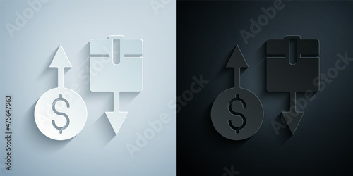 Paper cut Tax carton cardboard box icon isolated on grey and black background. Box, package, parcel sign. Delivery and packaging. Paper art style. Vector