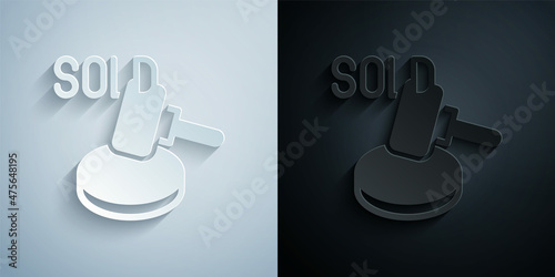 Paper cut Auction hammer icon isolated on grey and black background. Gavel - hammer of judge or auctioneer. Bidding process, deal done. Auction bidding. Paper art style. Vector