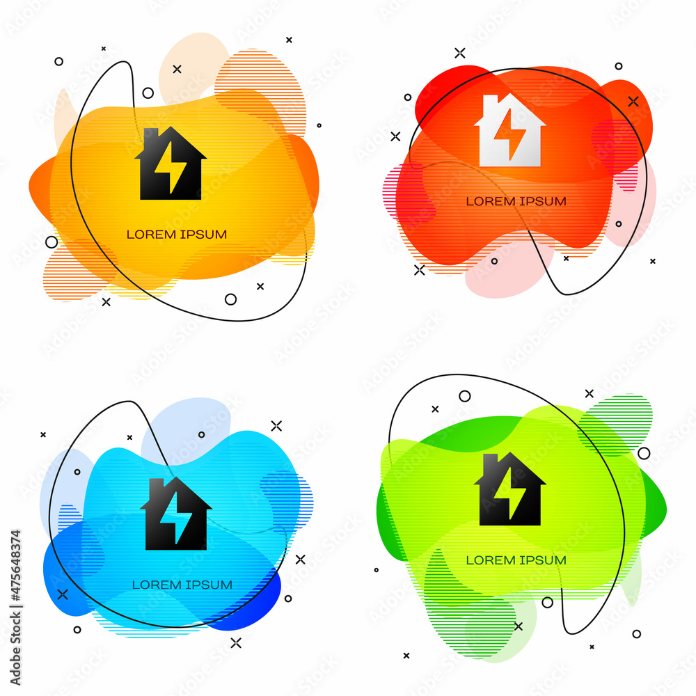 Black House and lightning icon isolated on white background. Home energy. Abstract banner with liquid shapes. Vector