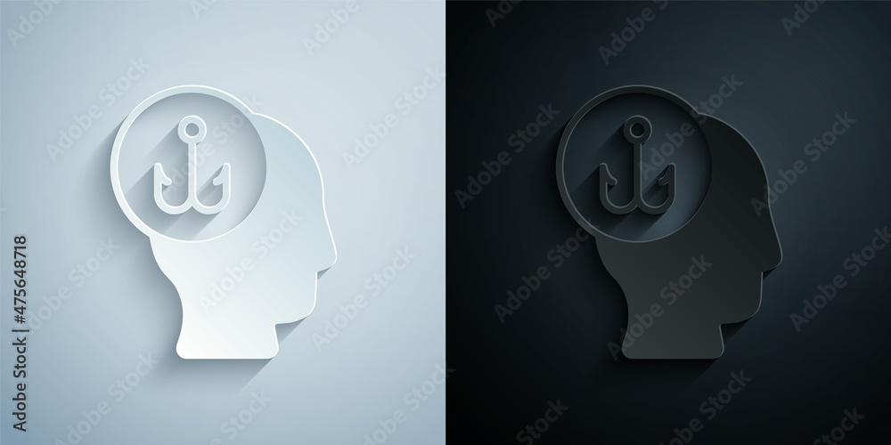 Paper cut Fisherman icon isolated on grey and black background. Paper art style. Vector Paper cut Fisherman icon isolated on grey and black background. Paper art style. Vector