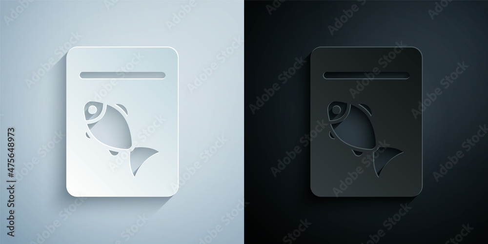 Paper cut Served fish on plate icon isolated on grey and black background. Paper art style. Vector Paper cut Served fish on plate icon isolated on grey and black background. Paper art style. Vector