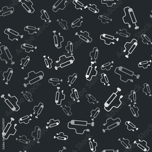 Grey Bicycle air pump icon isolated seamless pattern on black background. Vector