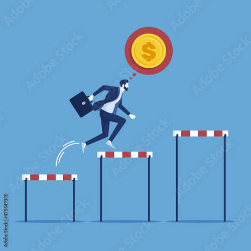 motivated businessman jumping over obstacles for big money and profit overcomes obstacles and achieves success concept