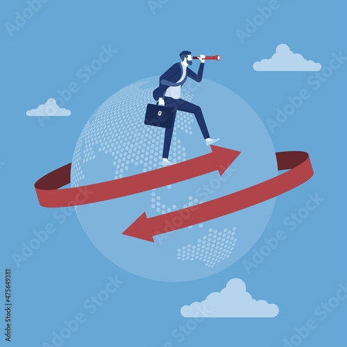 Global business vision, businessman standing on arrow around earth using telescope for vision or future opportunity