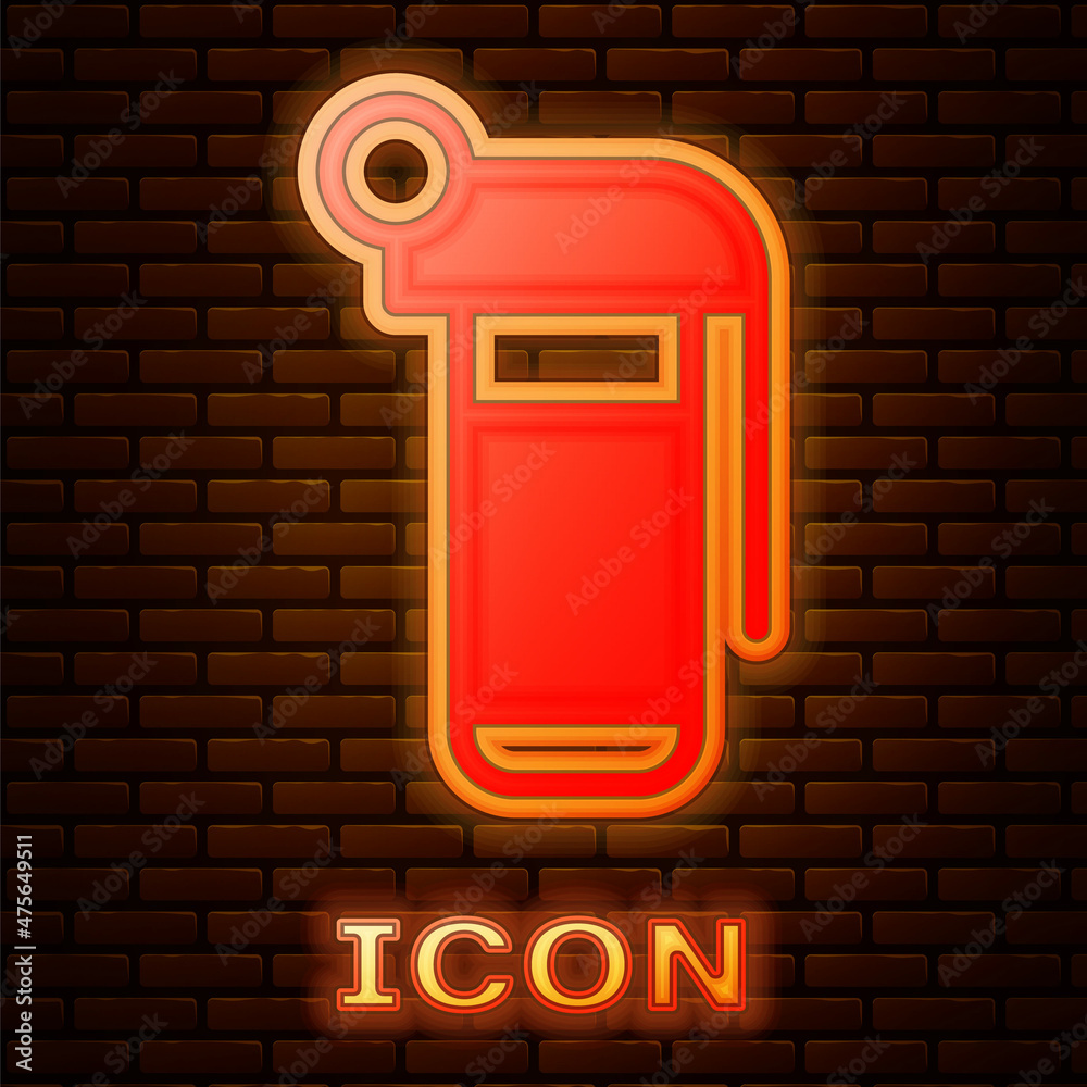 Fototapeta premium Glowing neon Hand grenade icon isolated on brick wall background. Bomb explosion. Vector