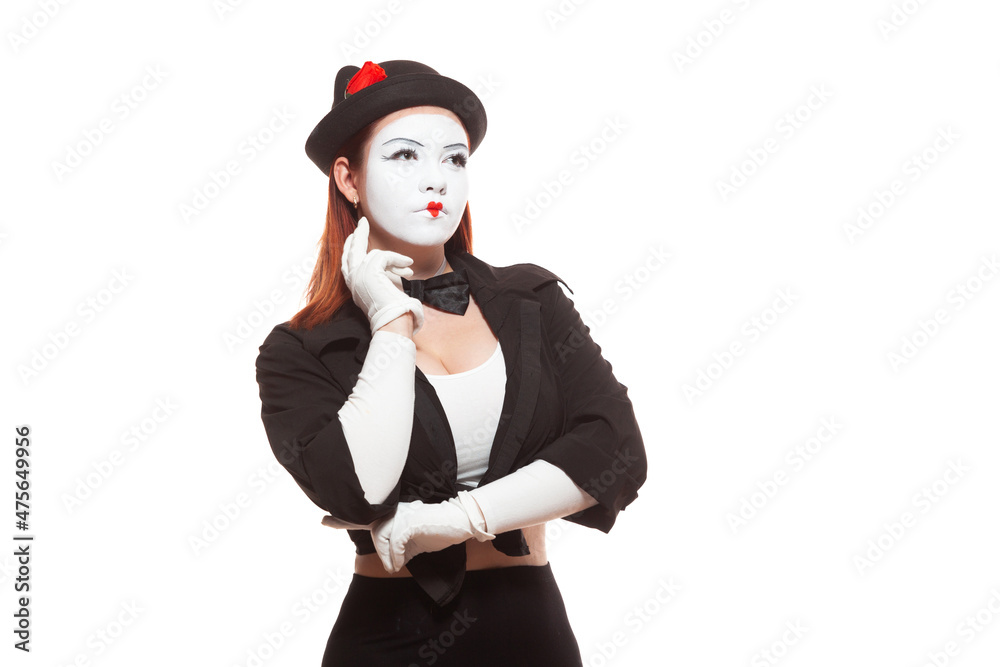 Portrait of a female mime artist performing, isolated on white background. Symbol of reverie, thoughtfulness, thinking, meditate Portrait of a female mime artist performing, isolated on white background. Symbol of reverie, thoughtfulness, thinking, meditate