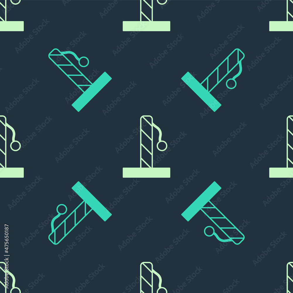Green and beige Cat scratching post with toy icon isolated seamless pattern on blue background. Vector Green and beige Cat scratching post with toy icon isolated seamless pattern on blue background. Vector