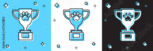 Set Pet award symbol icon isolated on blue and white, black background. Medal with dog footprint as pets exhibition winner concept. Vector
