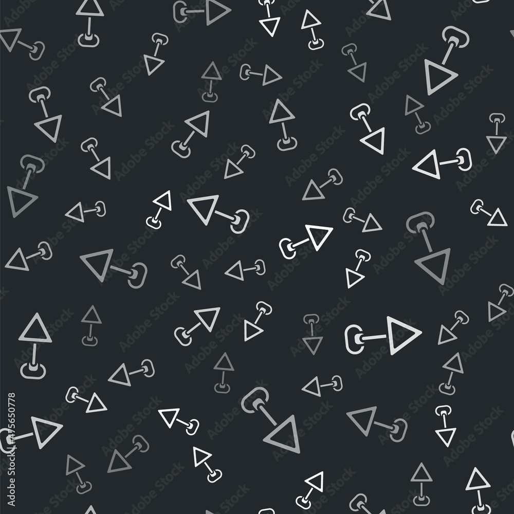Grey Triangle warning blank icon isolated seamless pattern on black background. Traffic rules and safe driving. Vector