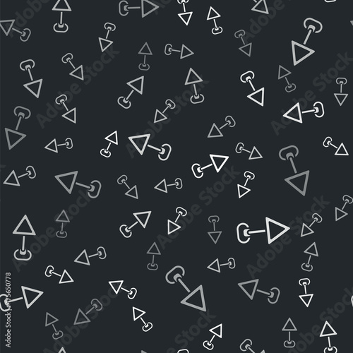 Grey Triangle warning blank icon isolated seamless pattern on black background. Traffic rules and safe driving. Vector