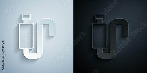 Paper cut Car muffler icon isolated on grey and black background. Exhaust pipe. Paper art style. Vector