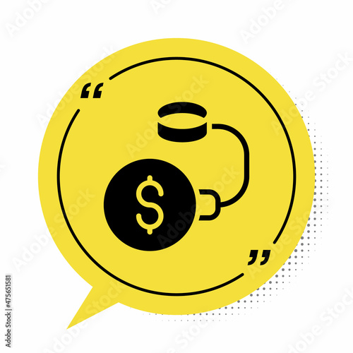 Black Debt ball chained to dollar coin icon isolated on white background. Big heavy debt weight with shackles and money. Financial crime, fee, crisis. Yellow speech bubble symbol. Vector