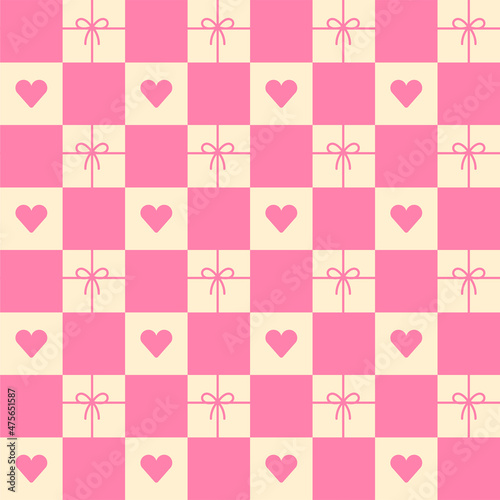 Cute Valentines Day Bow Ribbon Gift Box Present Heart Love Sweet Element Cream Beige Ivory Pink Checkered Gingham Pattern Cartoon Illustration, Mat, Fabric, Textile, Scarf, Wrapping Paper