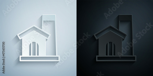 Paper cut Smithy workshop interior icon isolated on grey and black background. Paper art style. Vector