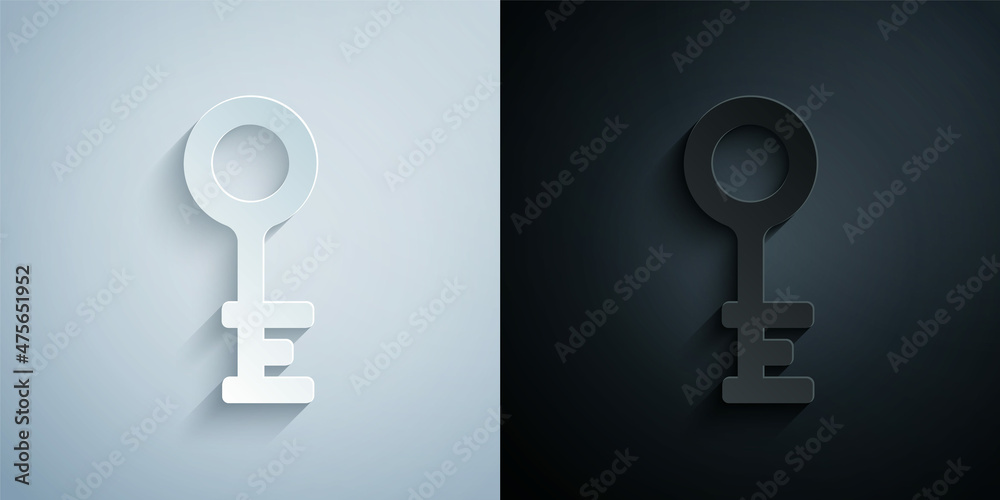 Paper cut Old key icon isolated on grey and black background. Paper art style. Vector Paper cut Old key icon isolated on grey and black background. Paper art style. Vector