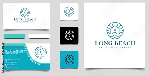 monoline house beach inspiration logo with bussines card templete