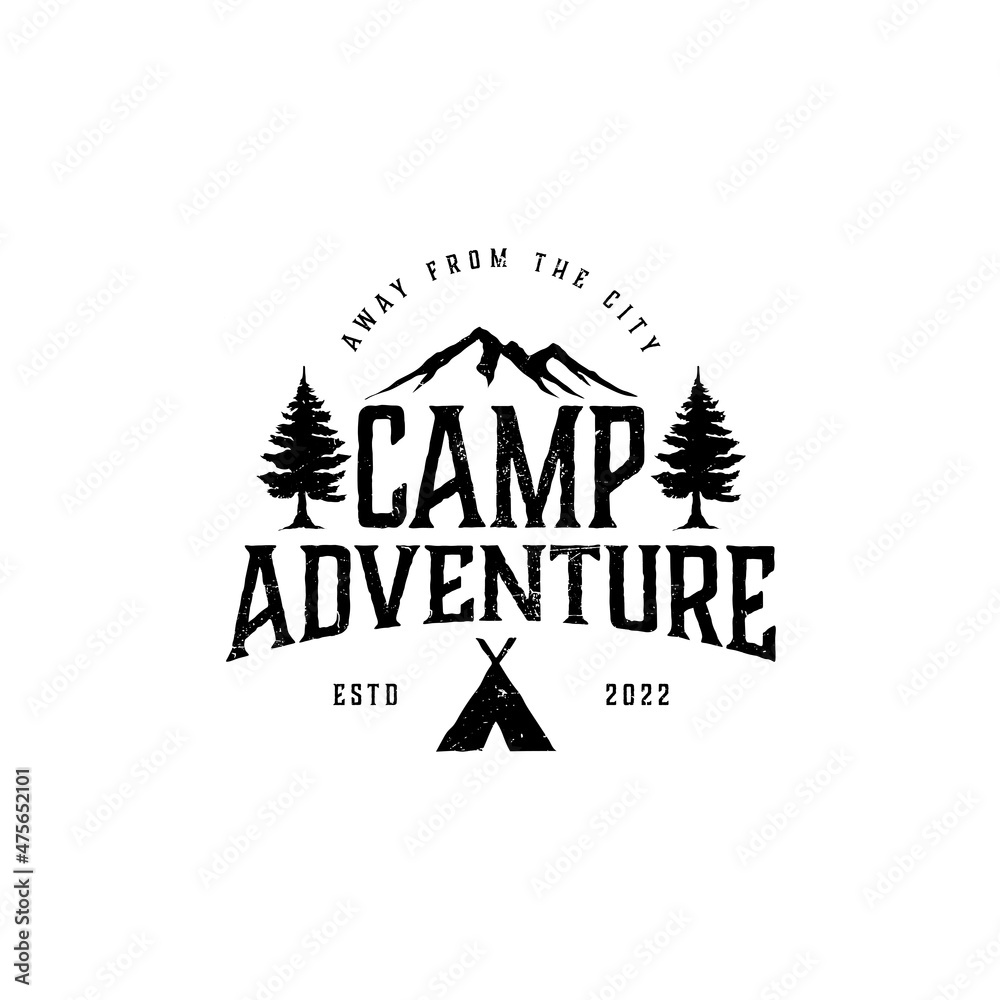 camping vintage emblem. logotype template with forest, bear, trees, mountain. outdoor activity symbol with ink stamp texture