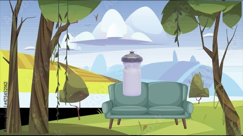 mock of water bottle in a garden with couch
