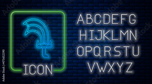 Glowing neon Sword for game icon isolated on brick wall background. Neon light alphabet. Vector