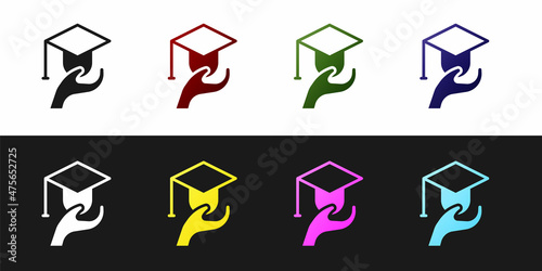 Set Education grant icon isolated on black and white background. Tuition fee, financial education, budget fund, scholarship program, graduation hat. Vector