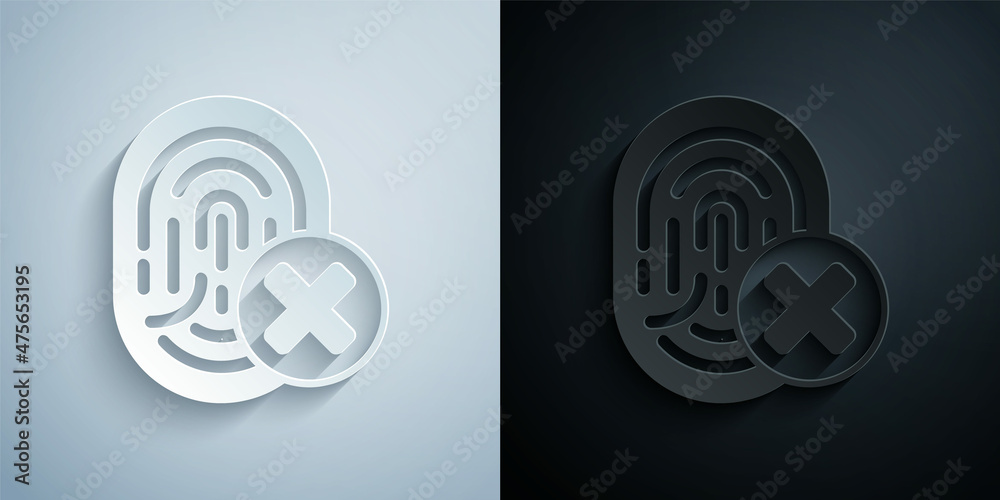 Paper cut Cancelled fingerprint icon isolated on grey and black background. Access denied for user concept. Error, fraud. Identification sign. Touch id. Paper art style. Vector Paper cut Cancelled fingerprint icon isolated on grey and black background. Access denied for user concept. Error, fraud. Identification sign. Touch id. Paper art style. Vector