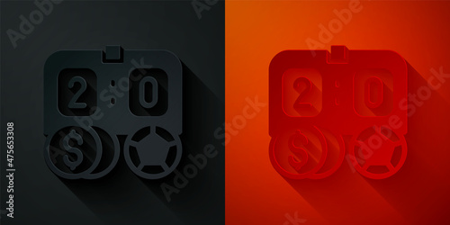 Paper cut Soccer football betting money icon isolated on black and red background. Football bet bookmaker. Soccer betting online make money. Paper art style. Vector