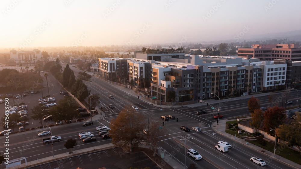 Sunset aerial view of downtown Brea, California, USA.
