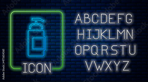 Glowing neon Bottle of liquid antibacterial soap with dispenser icon isolated on brick wall background. Antiseptic. Disinfection, hygiene, skin care. Neon light alphabet. Vector