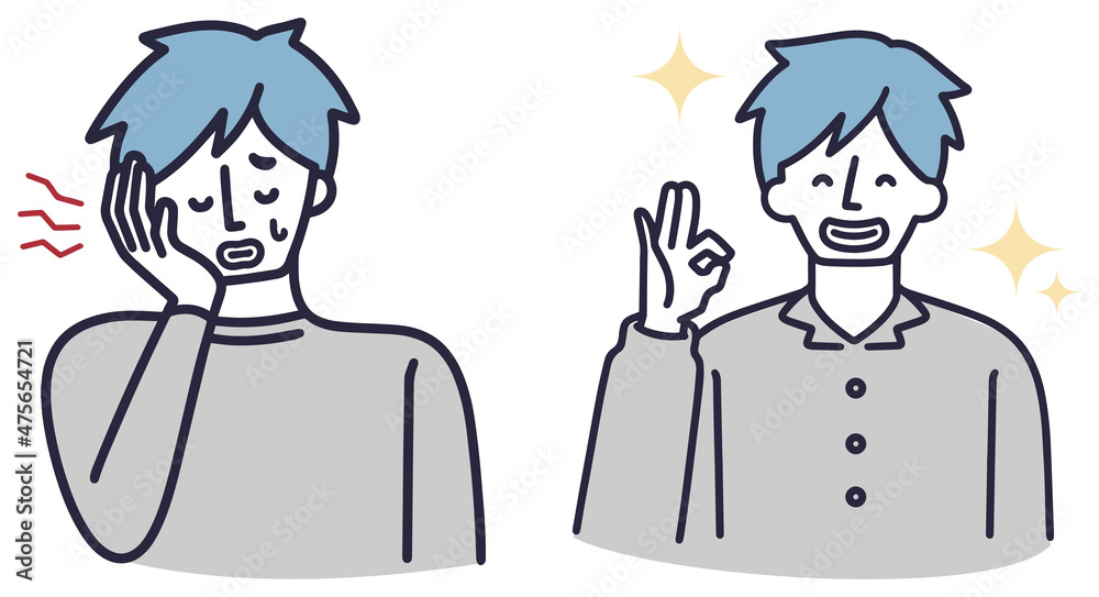 虫歯が痛む男性　ビフォーアフター　シンプルイラスト