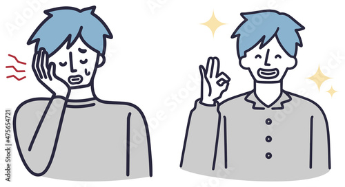 虫歯が痛む男性　ビフォーアフター　シンプルイラスト