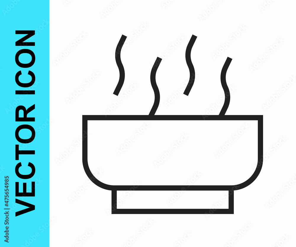 Black line Ramen soup bowl with noodles icon isolated on white background. Bowl of traditional asian noodle soup. Vector Black line Ramen soup bowl with noodles icon isolated on white background. Bowl of traditional asian noodle soup. Vector