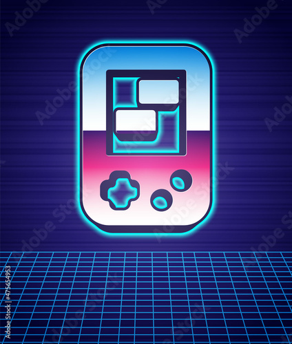 Retro style Portable tetris electronic game icon isolated futuristic landscape background. Vintage style pocket brick game. Interactive playing device. 80s fashion party. Vector