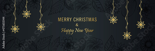 Merry Christmas and Happy New Year, Winter holidays background with flowers, leaves, and snowflakes. Floral Banner or flyer with golden stars. Happy new year greeting.