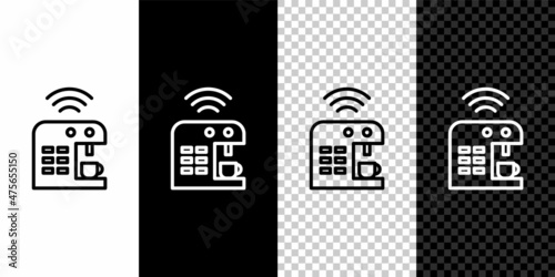 Set line Smart coffee machine system icon isolated on black and white background. Internet of things concept with wireless connection. Vector