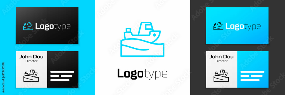 Fototapeta premium Blue line Fishing boat on water icon isolated on white background. Logo design template element. Vector
