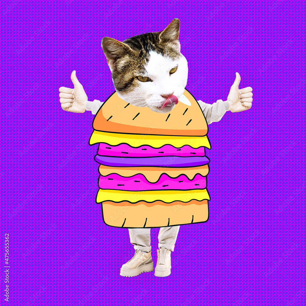 Contemporary art collage. Funny zine design. Hungry Kitty Burgers  character. Fast food addict concept Stock Photo | Adobe Stock