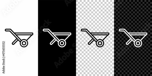 Set line Wheelbarrow icon isolated on black and white background. Tool equipment. Agriculture cart wheel farm. Vector