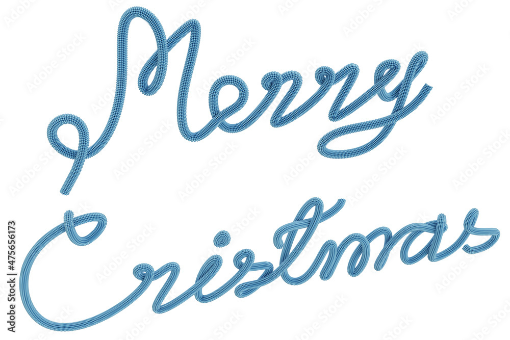 Fototapeta premium MERRY CHRISTMAS inscription tied with synthetic fleecy blue rope with barbed fibers, isolated 3D illustration. Concept: decoration of design of postcard for the holiday of Christmas and New Year.