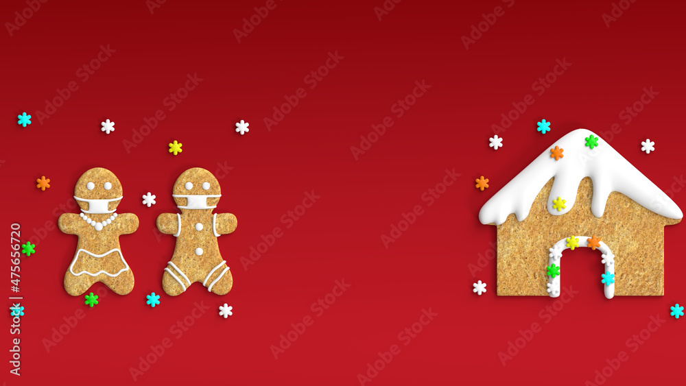 Christmas gingerbread man on red background with copy space available. This also includes a gingerbread snow clad house. Christmas greetings, 3D render . Flat lay, composition. Christmas cookies