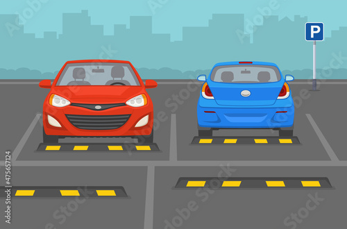 Outdoor parking lots with rubber wheel stoppers. Parked cars. Flat vector illustration template.