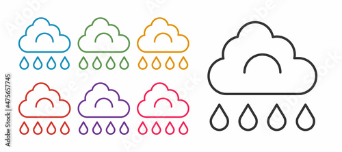 Set line Cloud with rain icon isolated on white background. Rain cloud precipitation with rain drops. Set icons colorful. Vector